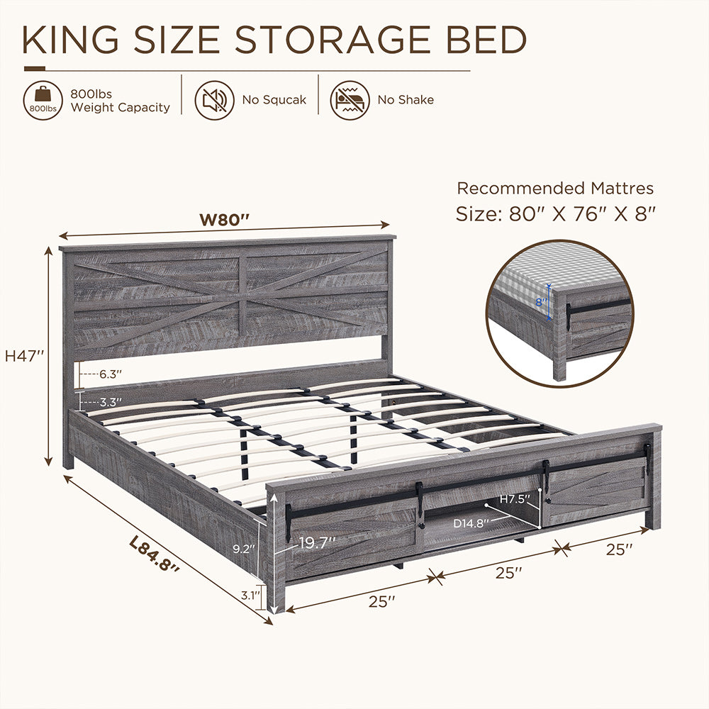 JXQTLINGMU Farmhouse Wood Bed Frame Full/Queen/King Size