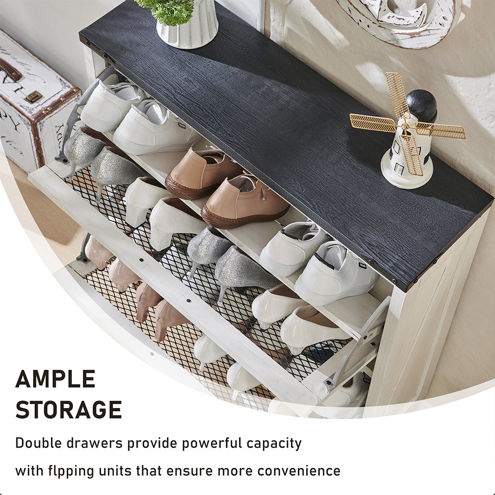 JXQTLINGMU Shoe Cabinet with 2 Flip Drawers, Farmhouse Shoe Storage Cabinet with Mesh Doors and Adjustable Shelves