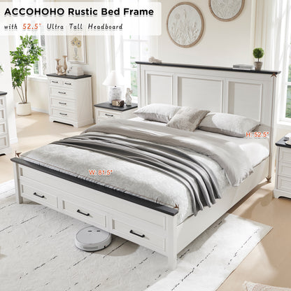 ACCOHOHO Rustic King Size Bed Frame with 52" Tall Full-Panel Headboard, Wood Platform Bedframe with Footboard and Storage Drawers, No Squeak, No Box Spring Needed