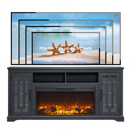 T4TREAM 70" Fireplace TV Stand for 75 80 inch TV, Farmhouse Highboy Entertainment Center for Living Room, Black