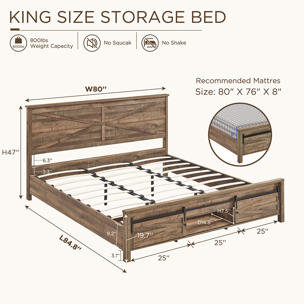JXQTLINGMU Farmhouse Wood Bed Frame Full/Queen/King Size