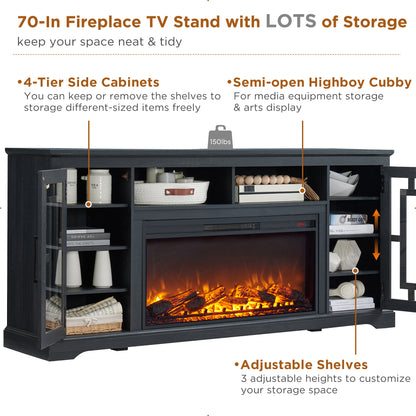T4TREAM 70" Fireplace TV Stand for 75 80 inch TV, Farmhouse Highboy Entertainment Center for Living Room, Black