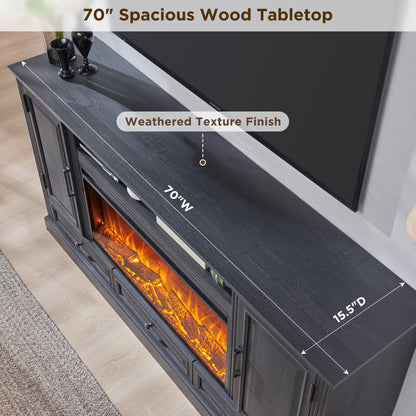 T4TREAM Farmhouse 70" Fireplace TV Stand for TVs up to 80", Entertainment Center W/36" Electric Fireplace Highboy Media Console with Large Storage Cabinets and Drawers for Living Room