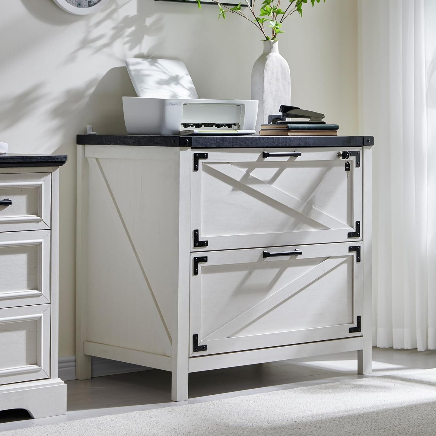 2 Drawer Farmhouse File Cabinet, Lateral Filing Cabinet with Lock for Home Office, Compatible Legal Letter A4 F4 Size, Off White