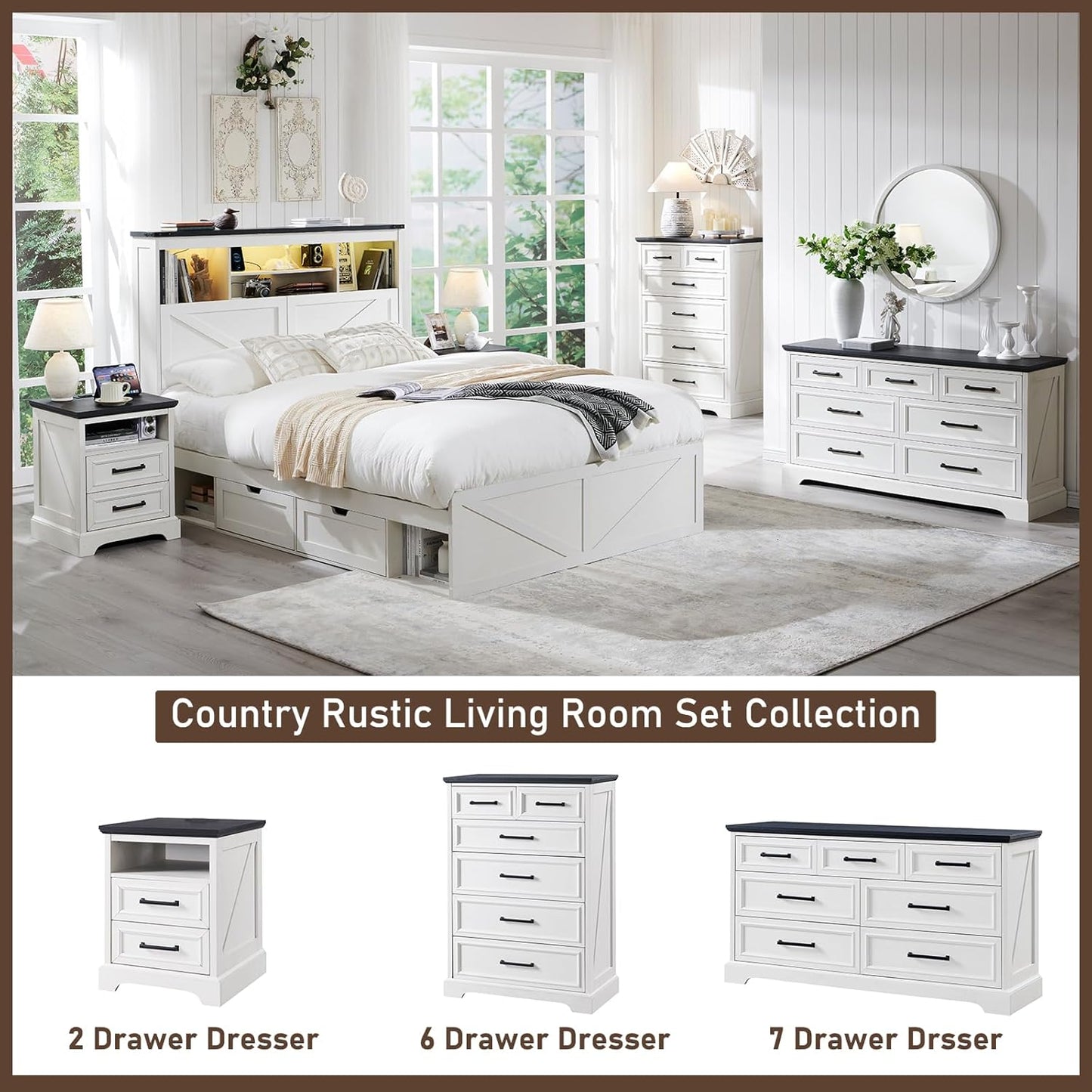 7 Drawer Dresser for Bedroom, Farmhouse Rustic Wood Dresser Chest of Wide Drawers for Living Room