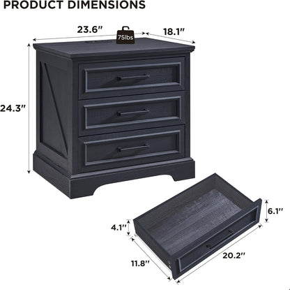 3 Drawer Nightstand Set of 2 with Charging Station - Farmhouse End Tables, Rustic Side Tables for Bedroom & Living Room