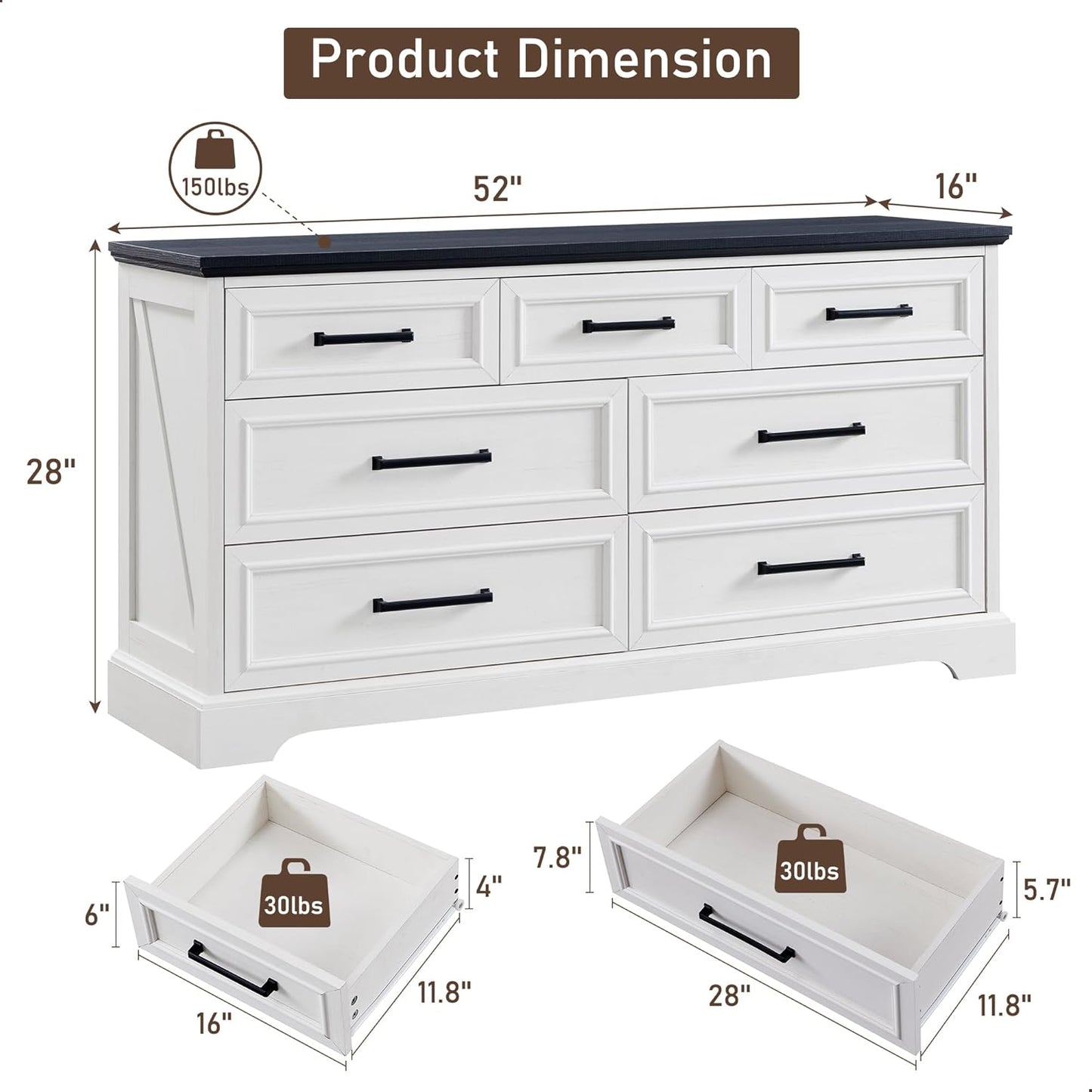 7 Drawer Dresser for Bedroom, Farmhouse Rustic Wood Dresser Chest of Wide Drawers for Living Room