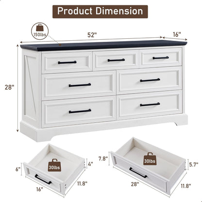 7 Drawer Dresser for Bedroom, Farmhouse Rustic Wood Dresser Chest of Wide Drawers for Living Room