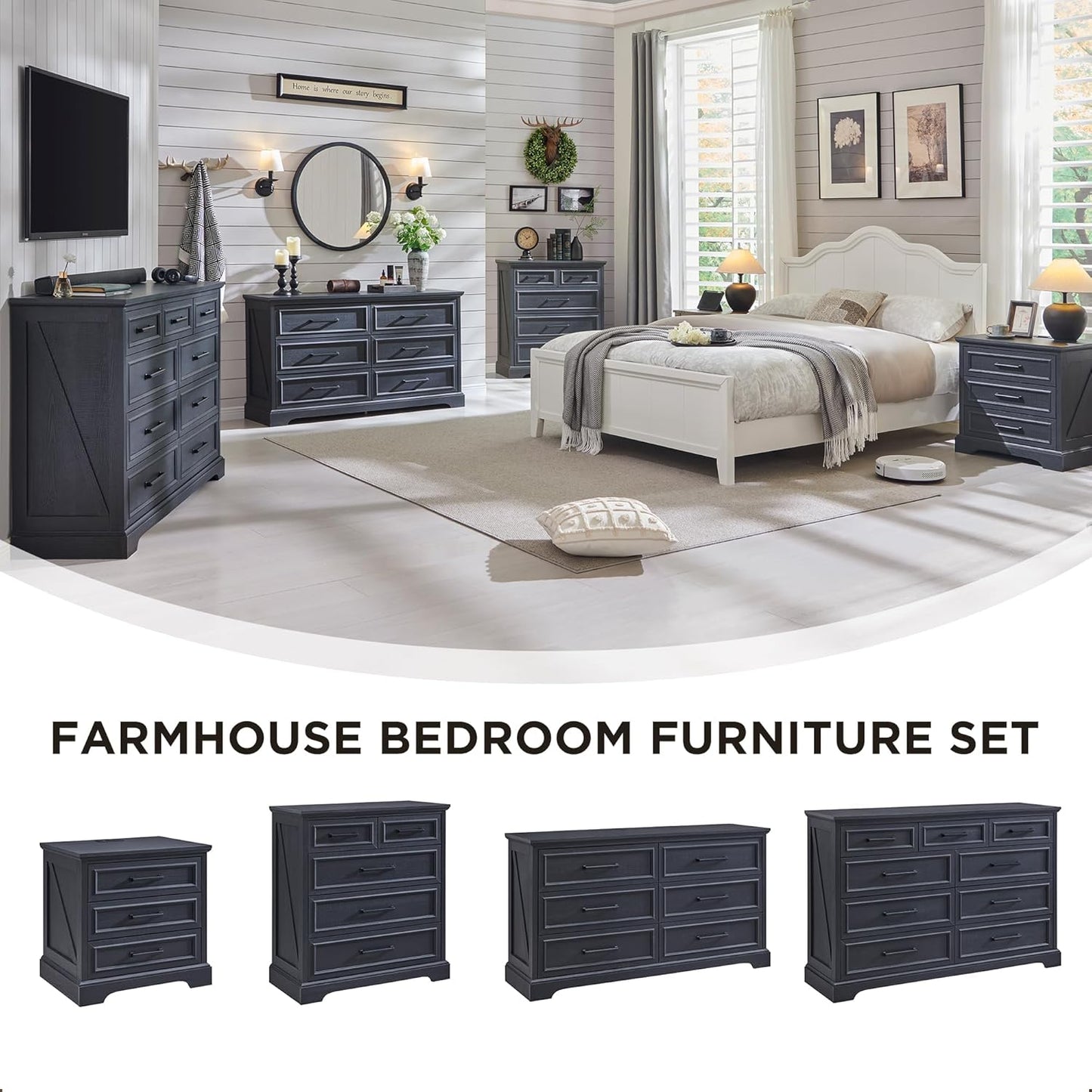 3 Drawer Nightstand Set of 2 with Charging Station - Farmhouse End Tables, Rustic Side Tables for Bedroom & Living Room