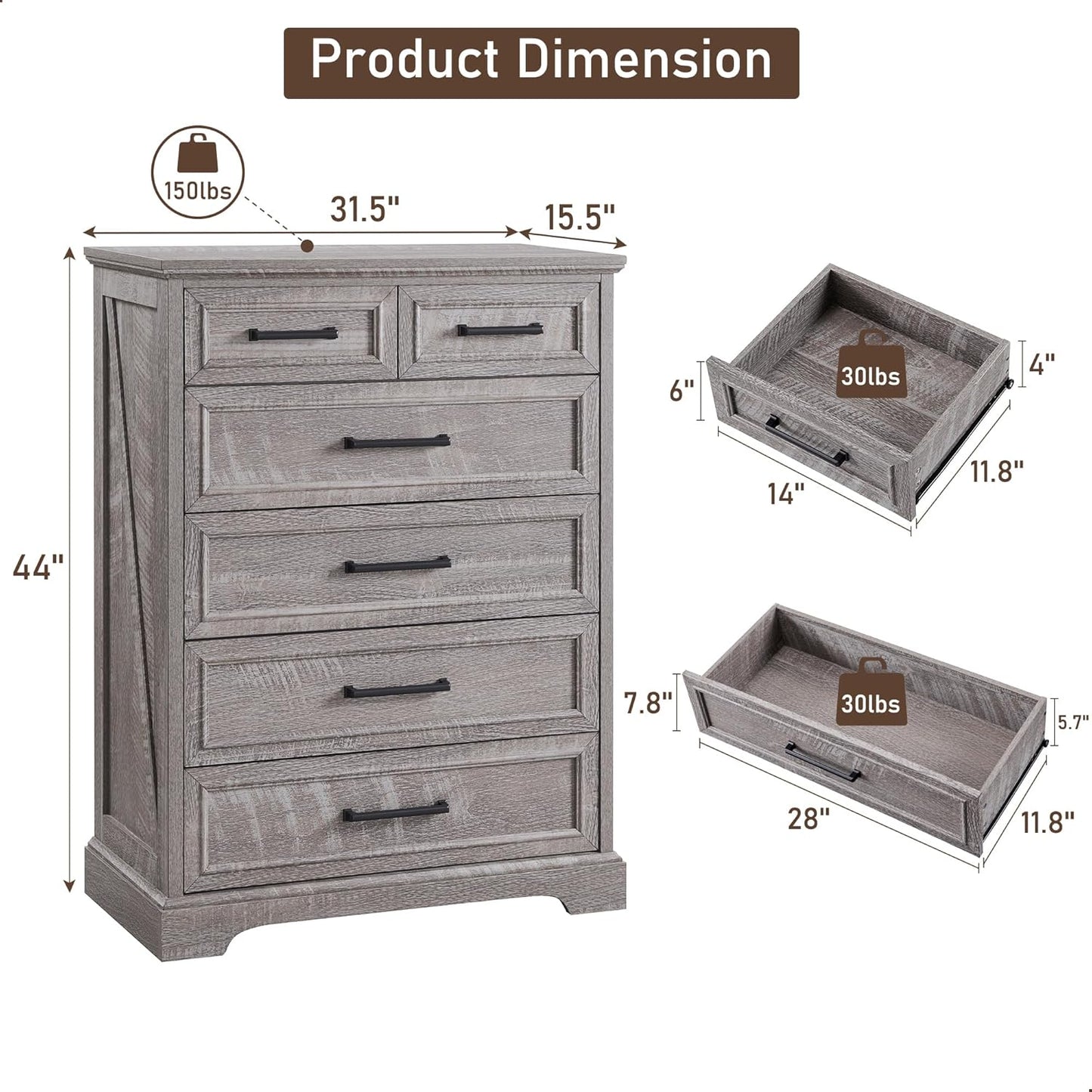 6 Drawer Dresser for Bedroom, Farmhouse 46" High Wooden Country Style Drawer Chest, Wide Metal Handle Pull-out Storage Cabinet