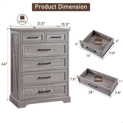 6 Drawer Dresser for Bedroom, Farmhouse 46" High Wooden Country Style Drawer Chest, Wide Metal Handle Pull-out Storage Cabinet
