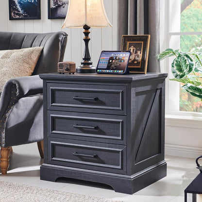 3 Drawer Nightstand Set of 2 with Charging Station - Farmhouse End Tables, Rustic Side Tables for Bedroom & Living Room