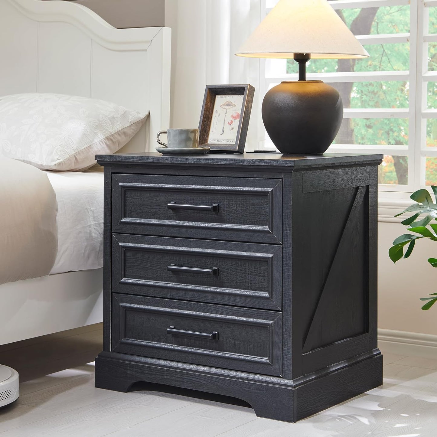 3 Drawer Nightstand Set of 2 with Charging Station - Farmhouse End Tables, Rustic Side Tables for Bedroom & Living Room