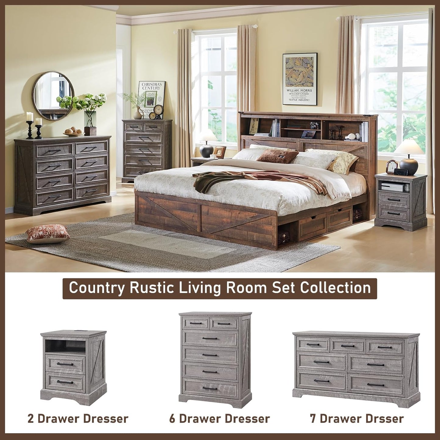 6 Drawer Dresser for Bedroom, Farmhouse 46" High Wooden Country Style Drawer Chest, Wide Metal Handle Pull-out Storage Cabinet