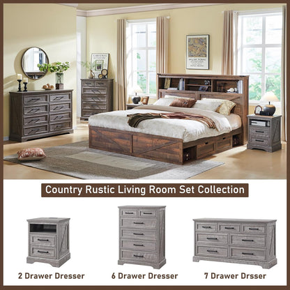 6 Drawer Dresser for Bedroom, Farmhouse 46" High Wooden Country Style Drawer Chest, Wide Metal Handle Pull-out Storage Cabinet