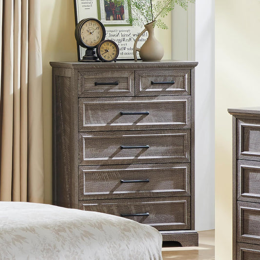 6 Drawer Dresser for Bedroom, Farmhouse 46" High Wooden Country Style Drawer Chest, Wide Metal Handle Pull-out Storage Cabinet