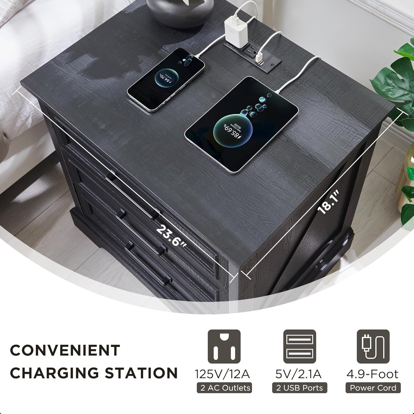 3 Drawer Nightstand Set of 2 with Charging Station - Farmhouse End Tables, Rustic Side Tables for Bedroom & Living Room