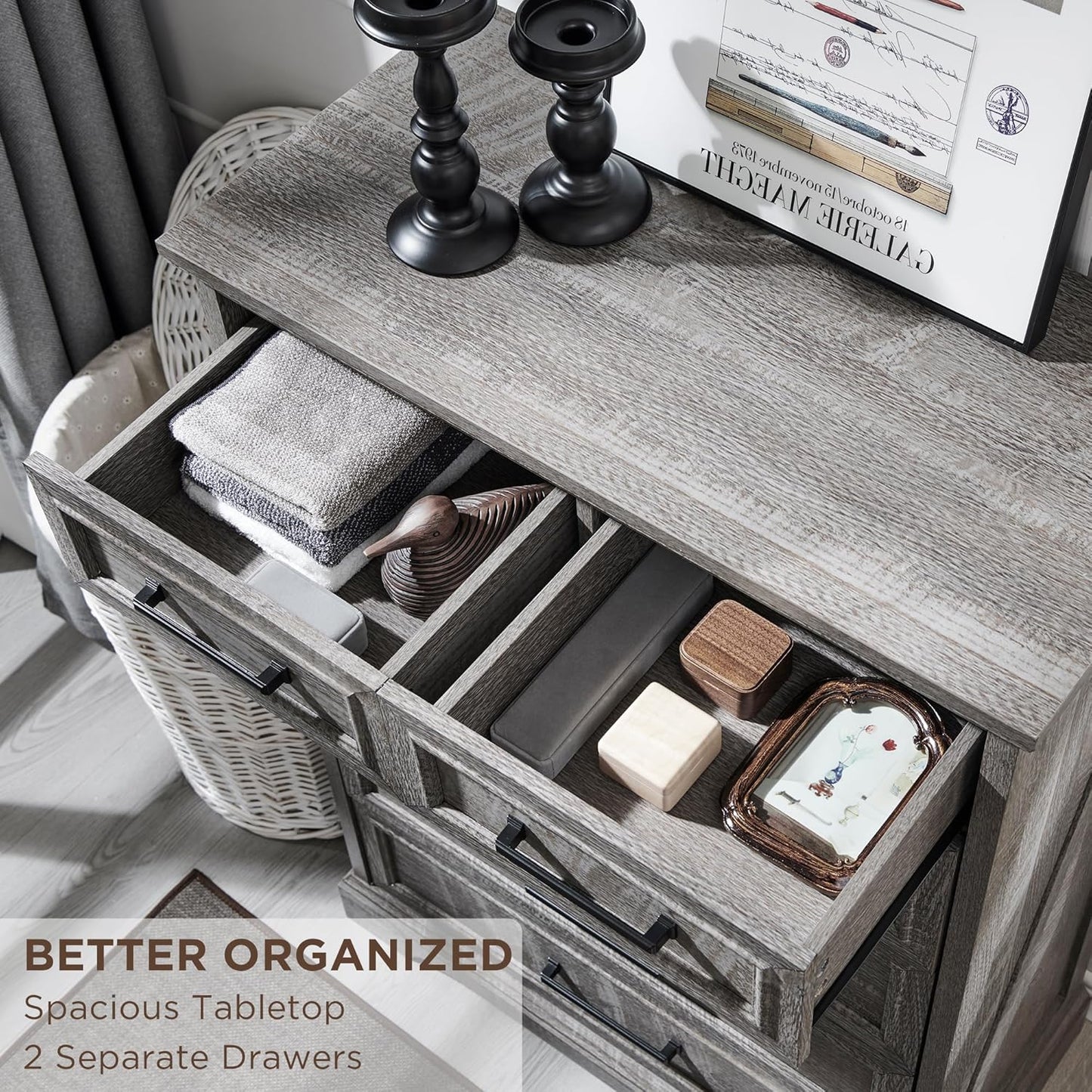 6 Drawer Dresser for Bedroom, Farmhouse 46" High Wooden Country Style Drawer Chest, Wide Metal Handle Pull-out Storage Cabinet