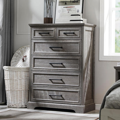 6 Drawer Dresser for Bedroom, Farmhouse 46" High Wooden Country Style Drawer Chest, Wide Metal Handle Pull-out Storage Cabinet