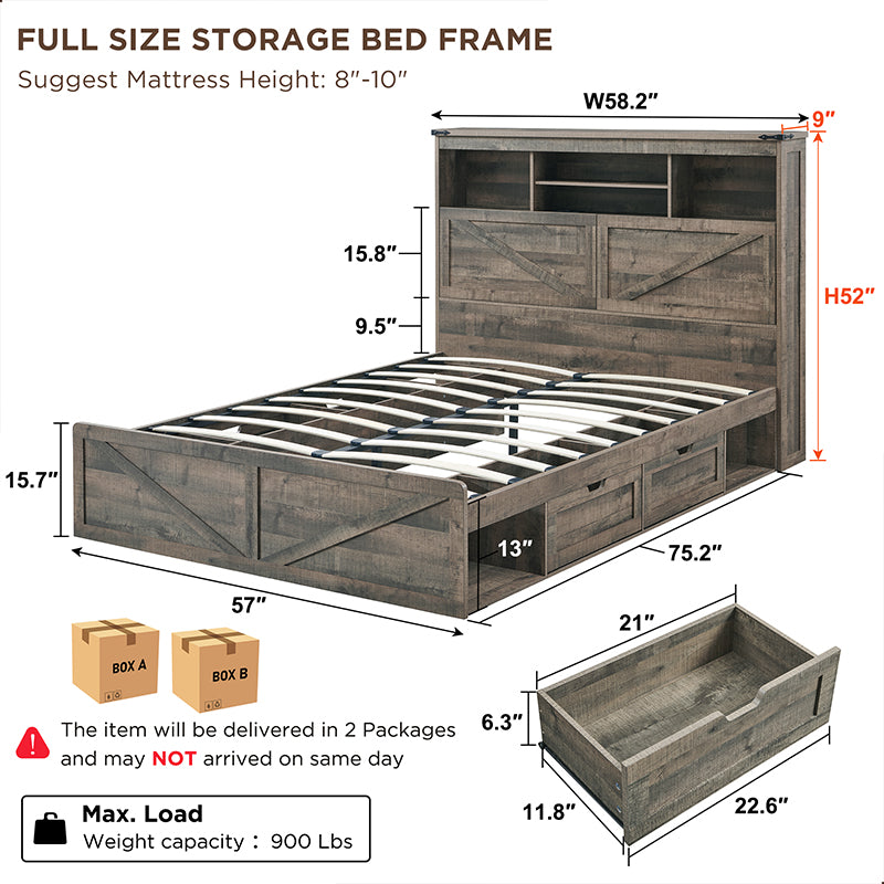 JXQTLINGMU Farmhouse Full Size Wood Bed Frame