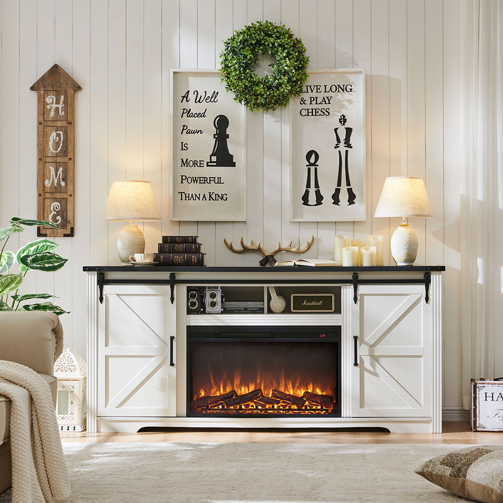 JXQTLINGMU Farmhouse Fireplace TV Stand for 80 Inch TV, 32" Tall Entertainment Center w/Drawer & Sliding Barn Door