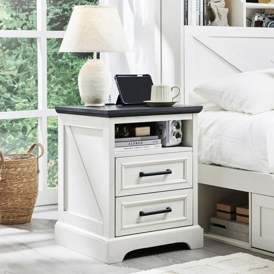 18" Farmhouse Nightstand with Charging Station Wood End Table with 2 Drawers Storage Side Table Bedside Cabinet for Bedroom,Living Room,White