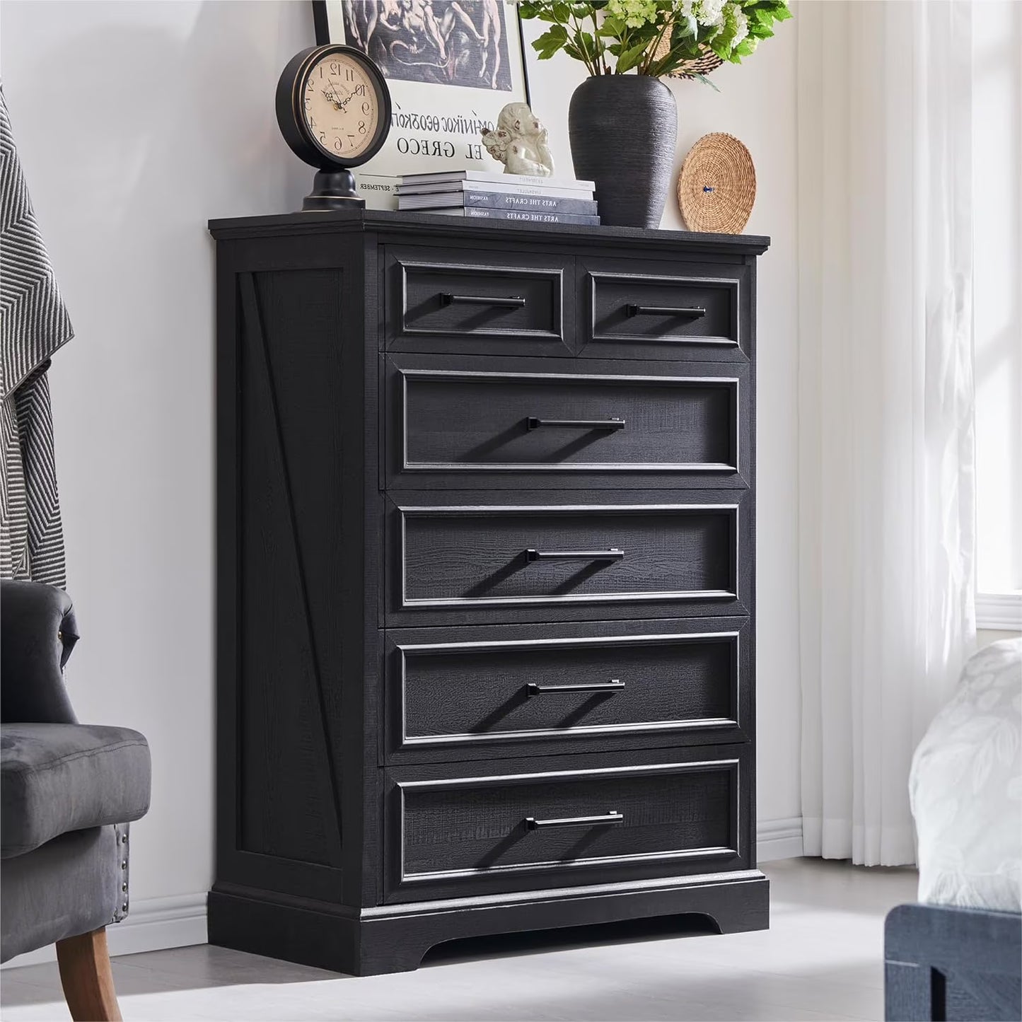 ACCOHOHO 6 Drawer Dresser for Bedroom, Farmhouse 46" High Wooden Country Style Drawer Chest, Wide Metal Handle Pull-out Storage Cabinet