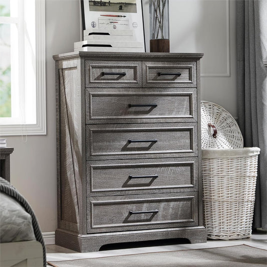 ACCOHOHO 6 Drawer Dresser for Bedroom, Farmhouse 46" High Wooden Country Style Drawer Chest, Wide Metal Handle Pull-out Storage Cabinet