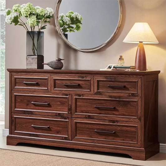 ACCOHOHO 7 Drawer Dresser for Bedroom, Farmhouse Rustic Wood Dresser Chest of Wide Drawers for Living Room