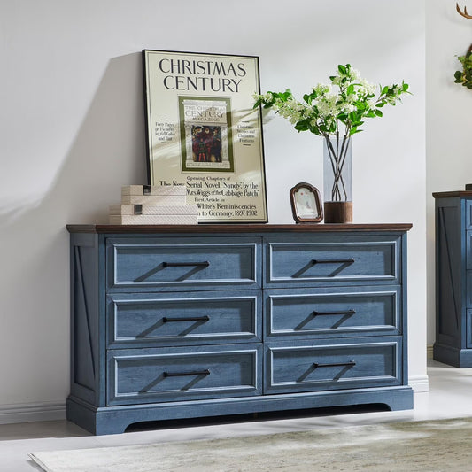 ACCOHOHO Farmhouse 6 Drawer Dresser, Rustic Wood Dresser Chest of Drawers for Bedroom，52'' Wide TV Stand with Large Drawers for Living Room