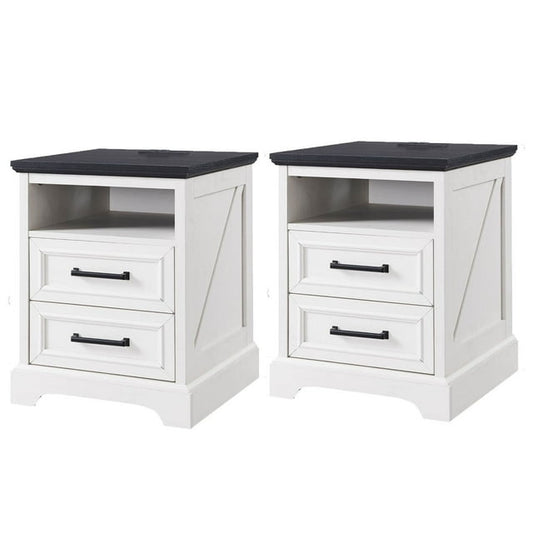 Nightstands Set of 2 with Charging Station, Rustic End Table with 2 Drawers Farmhouse Side Table with 3-tier Storage Space Bedside Cabinet for Bedroom Living Room,White
