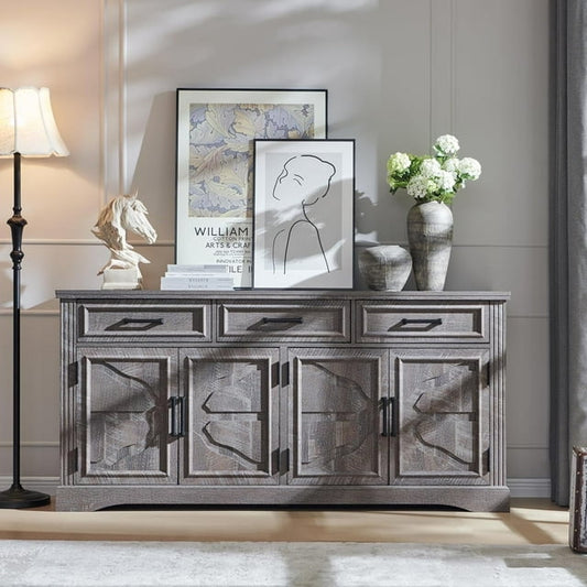 T4TREAM Farmhouse Sideboard Storage Cabinet with 3 Drawers & 4 Doors, 66'' Wide Buffet Cabinet for Dining Room