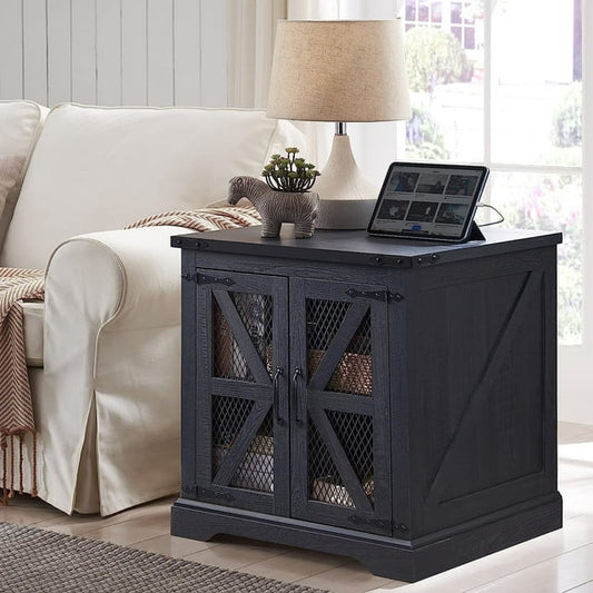 T4TREAM Farmhouse Nightstand with Charging Station ,Modern End Side Table with Storage Shelf for Bedroom Living Room Office