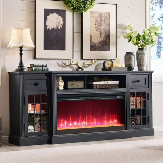T4TREAM Fireplace 70" TV Stand for TVs up to 80", Farmhouse Highboy Entertainment Center with LED Lights & 36" Electric Fireplace