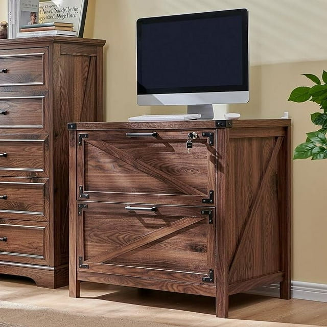 T4TREAM Farmhouse File Cabinet Lockable Wood 2 Drawer Large Storage Box for Home Office