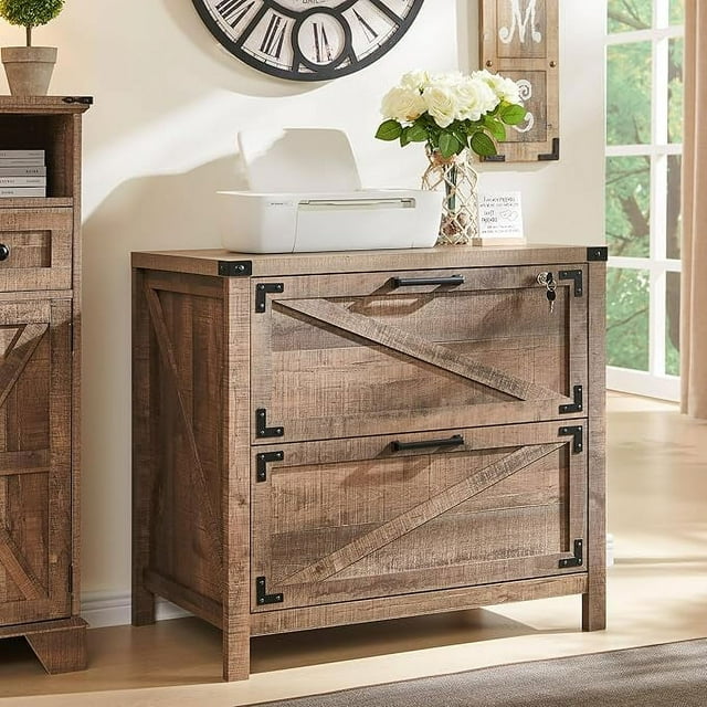 T4TREAM Farmhouse File Cabinet Lockable Wood 2 Drawer Large Storage Box for Home Office