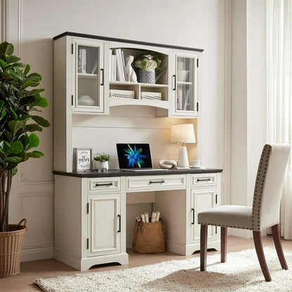 T4TREAM Farmhouse Wood 58" Executive Desk for Home Office, 30" High Computer Desk with Drawers and Storage Cabinet