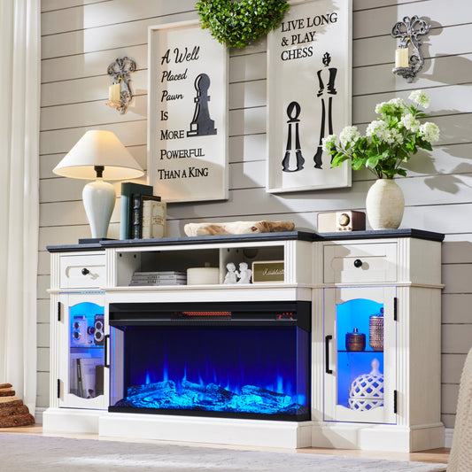 T4TREAM Farmhouse 70" Fireplace Electric TV Stand for TVs up to 80", Highboy Media Console with 36" 3-Sided Glass Fireplace & LED Lights, Entertainment Center for Bedroom/Living Room, Antique White
