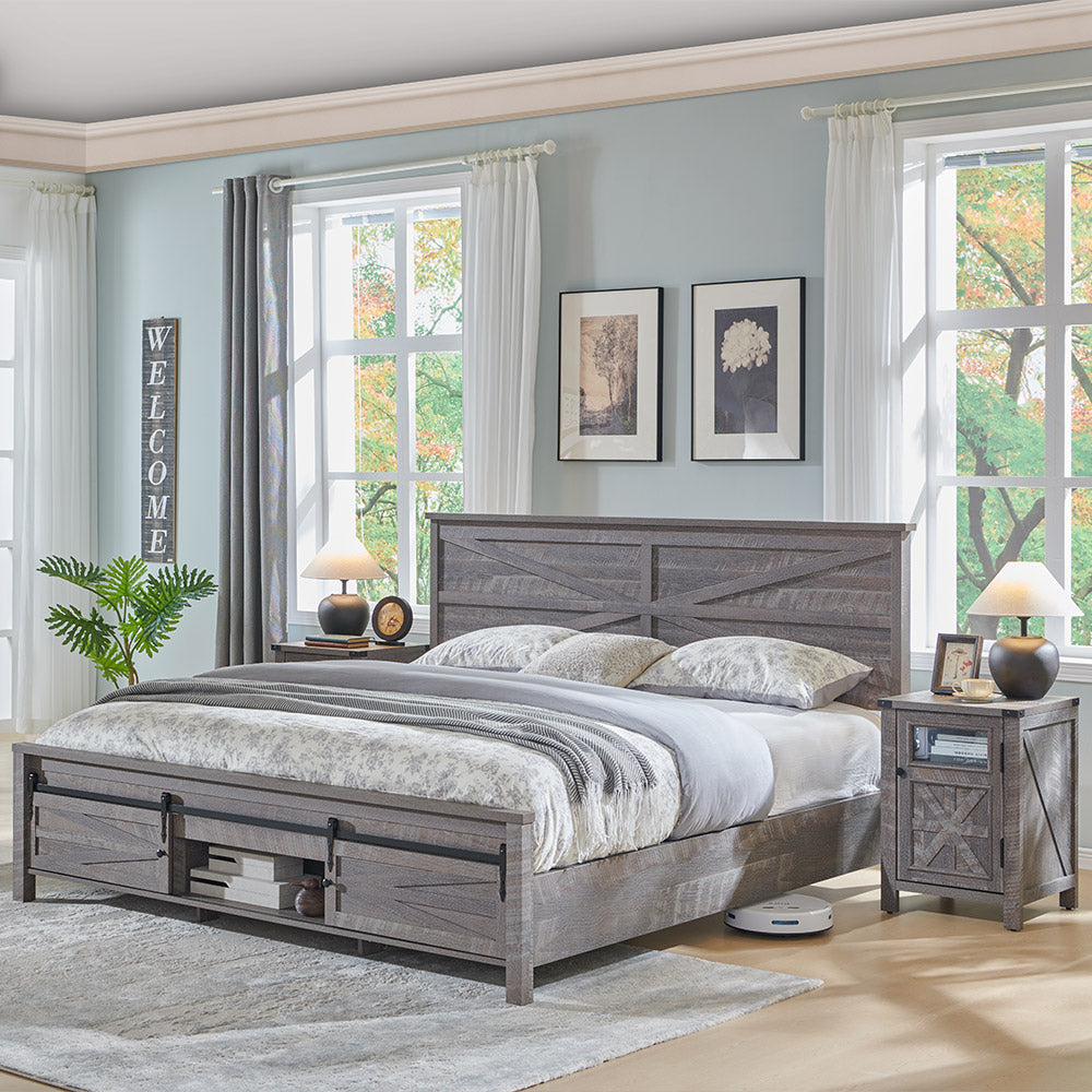 JXQTLINGMU Farmhouse Wood Bed Frame Full/Queen/King Size