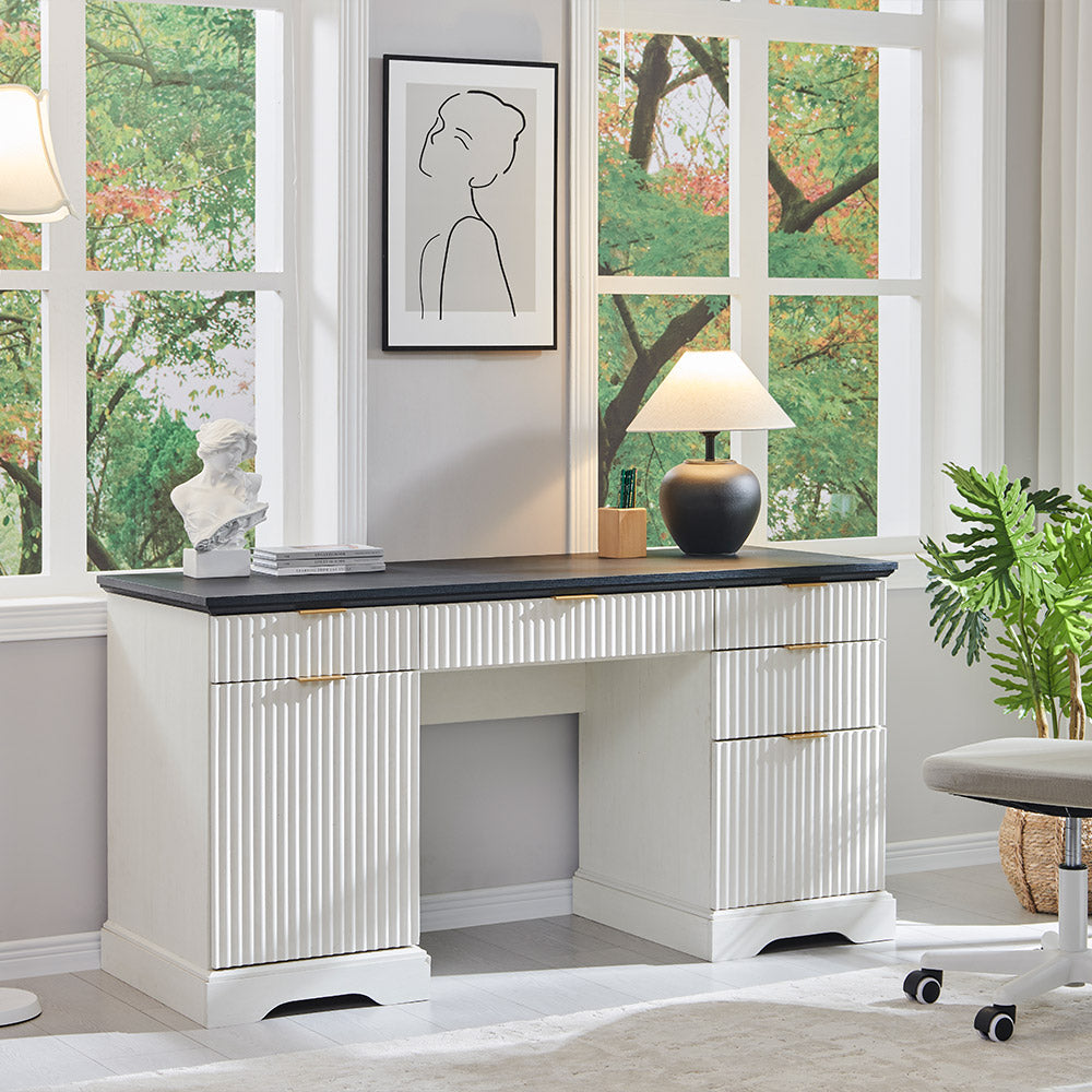 JXQTLINGMU 60 inch Fluted Executive Desk with Storage, Wood Home Office Desk