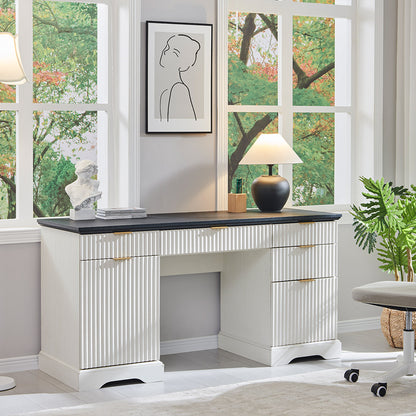 JXQTLINGMU 60 inch Fluted Executive Desk with Storage, Wood Home Office Desk