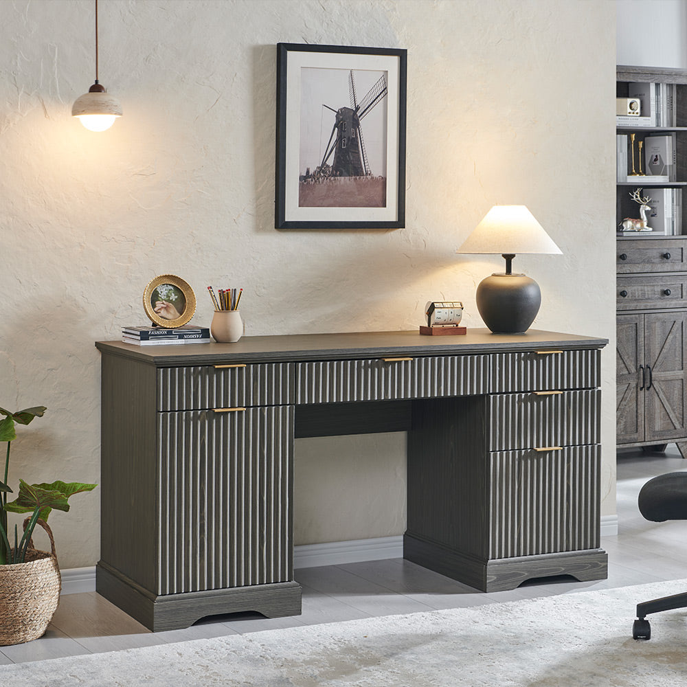 JXQTLINGMU 60 inch Fluted Executive Desk with Storage, Wood Home Office Desk
