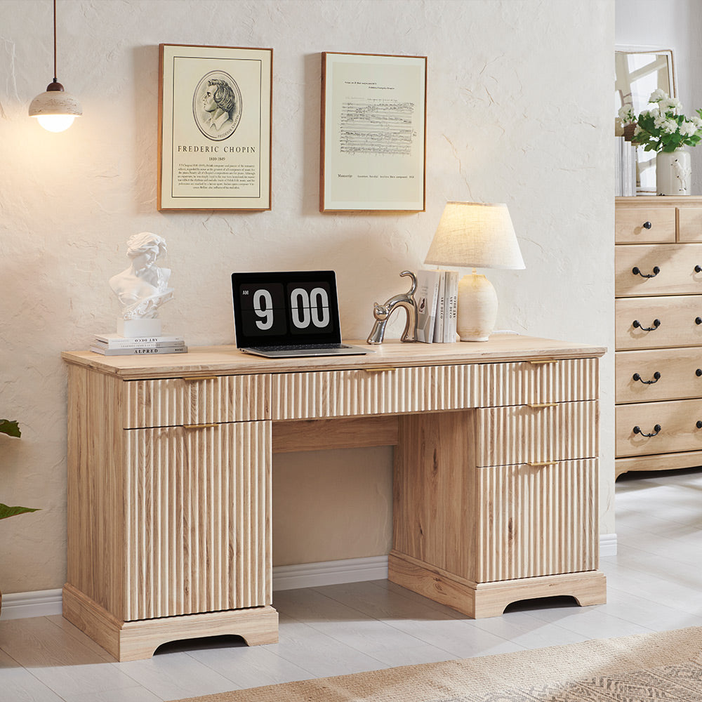 JXQTLINGMU 60 inch Fluted Executive Desk with Storage, Wood Home Office Desk