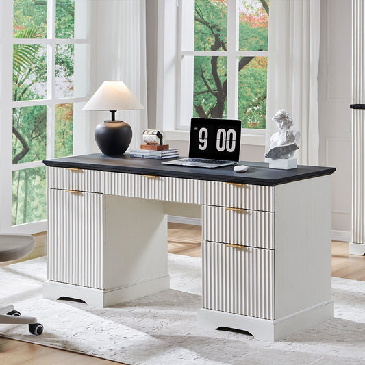 JXQTLINGMU 60 inch Fluted Executive Desk with Storage, Wood Home Office Desk