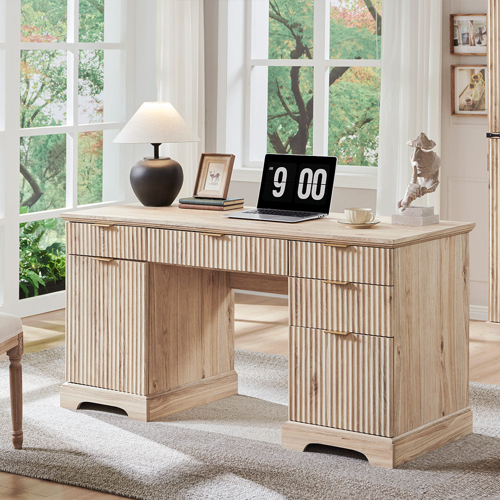 JXQTLINGMU 60 inch Fluted Executive Desk with Storage, Wood Home Office Desk