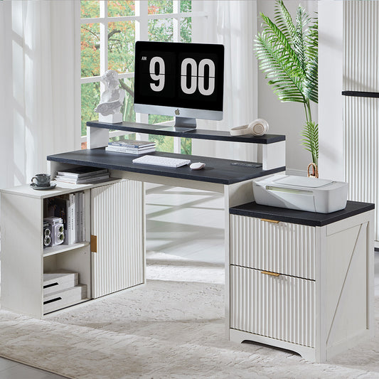 JXQTLINGMU 67 inch Fluted Modern L Shaped Desk with Storage Cabinet & Drawers