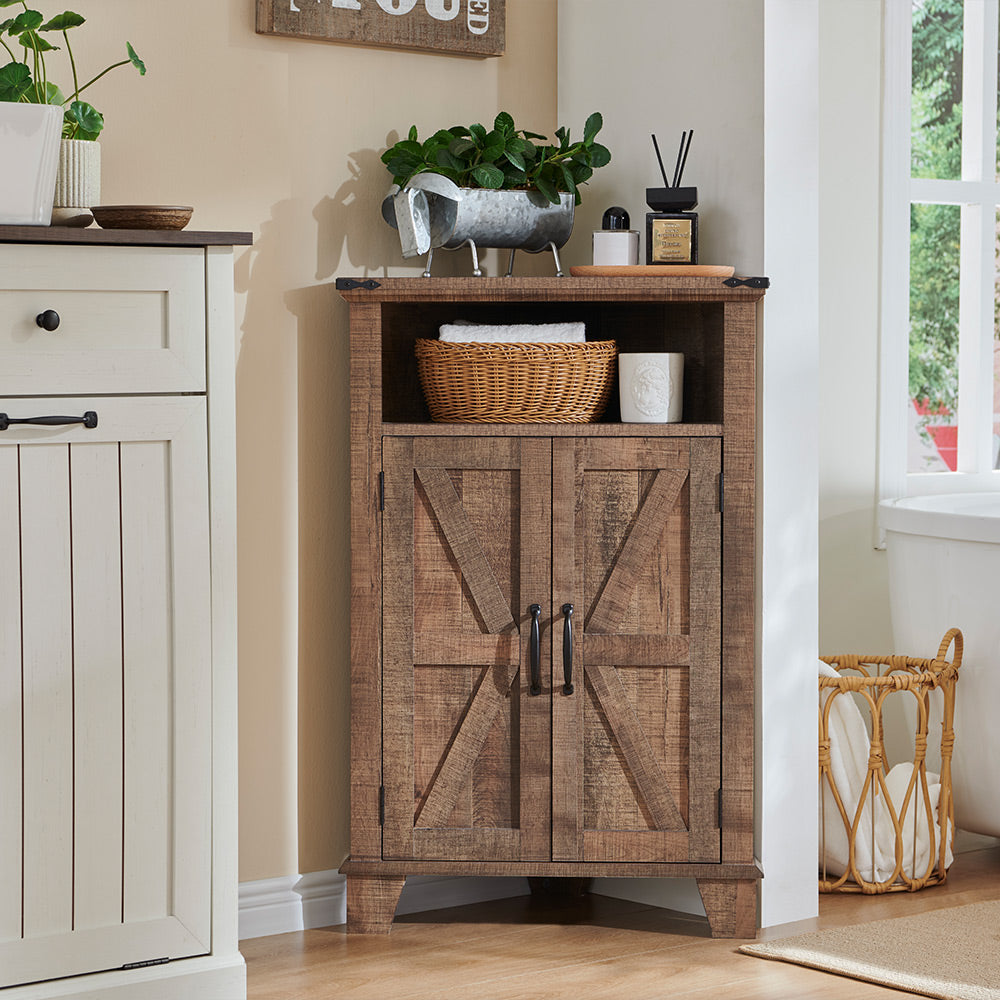 JXQTLINGMU Corner Bathroom Cabinet, Farmhouse Small Corner Cabinet with Barn Door