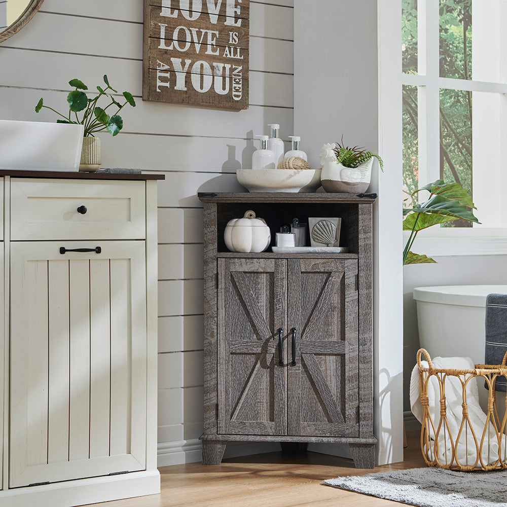 JXQTLINGMU Corner Bathroom Cabinet, Farmhouse Small Corner Cabinet with Barn Door