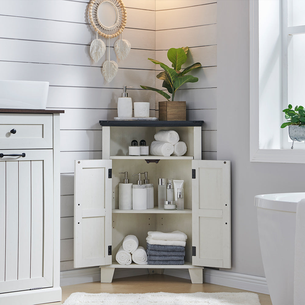 JXQTLINGMU Corner Bathroom Cabinet, Farmhouse Small Corner Cabinet with Barn Door
