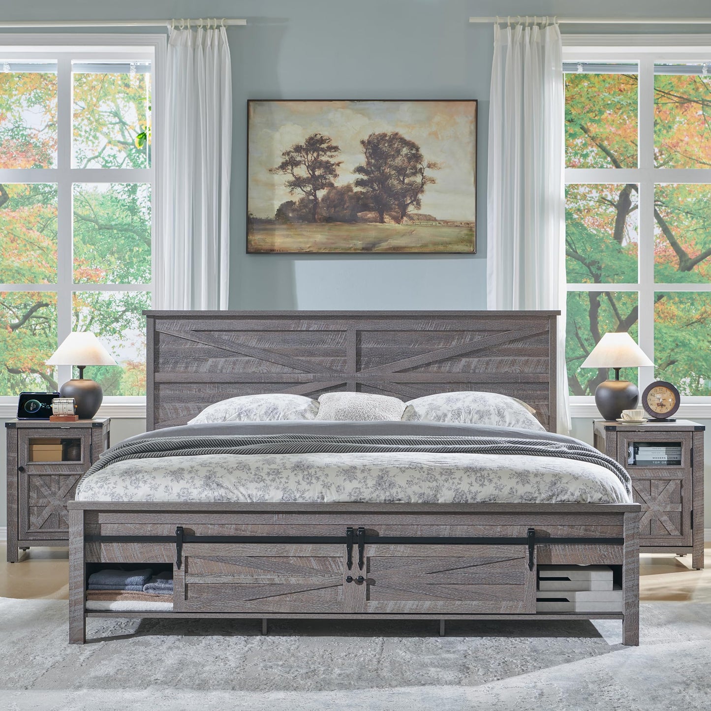 T4TREAM Farmhouse King Size Platform Bed Frame with Headboard and 3 Barn Door Storage Cabinets